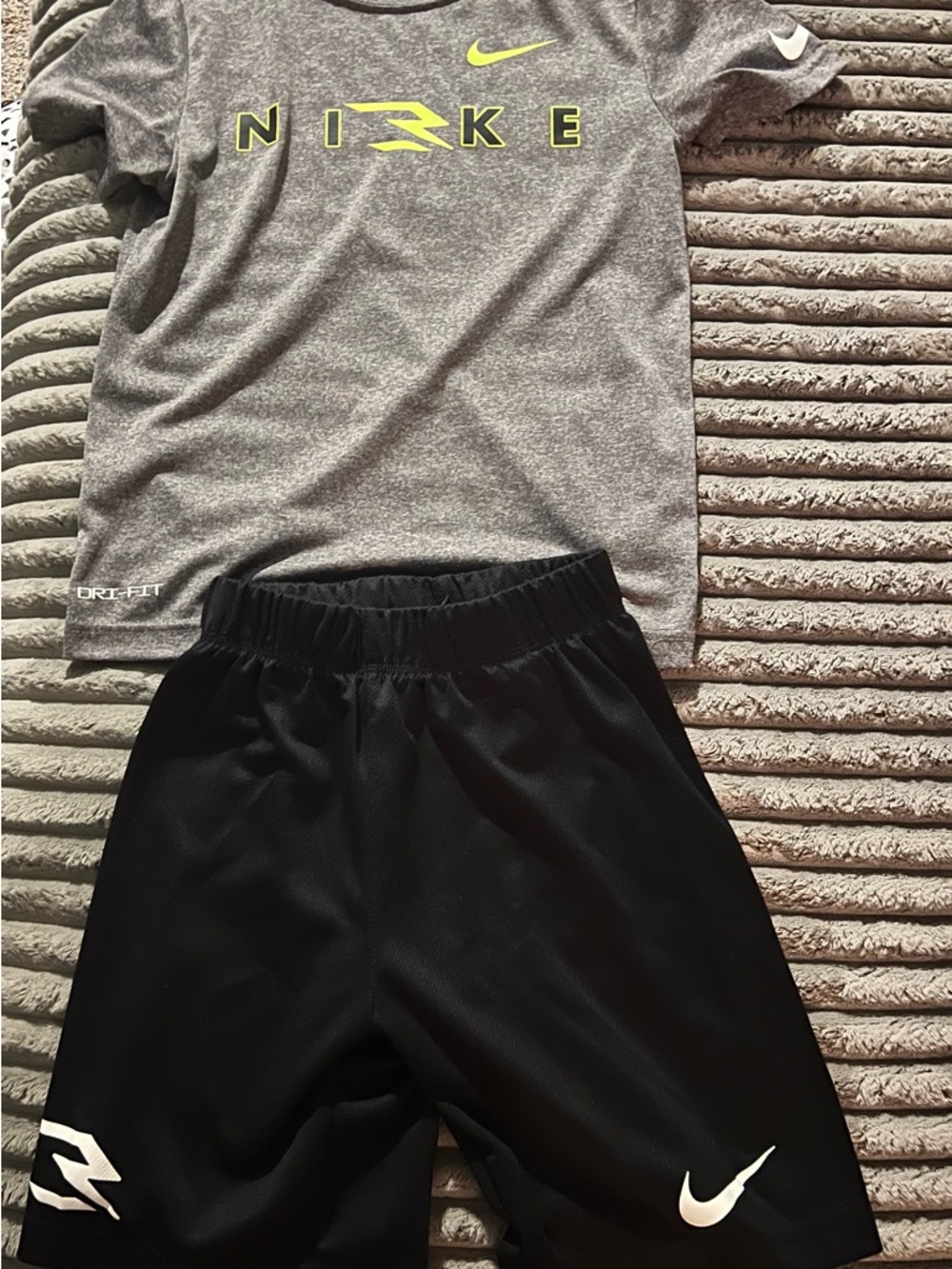 Nike Gray & Black Active Tee and Shorts with Neon Yellow Accents